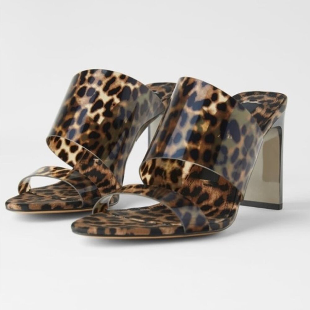 Zara Leopard Print Clear Strap Block Heel Sandals - Brown